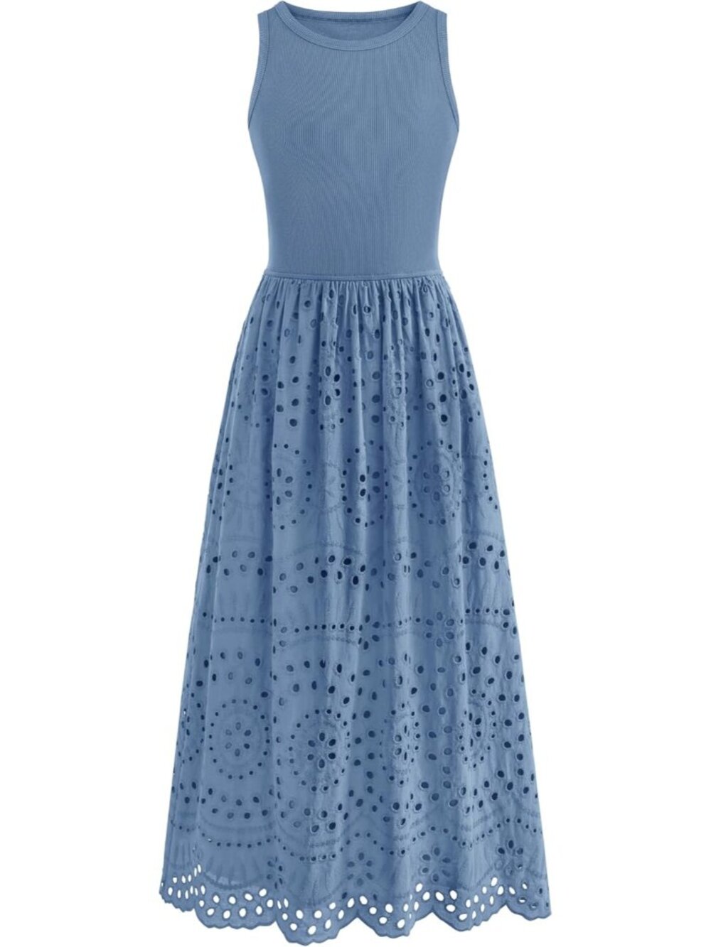 Women's Grey Blue Sleeveless Crew Neck Lace Imported A-line Cotton Maxi Dress